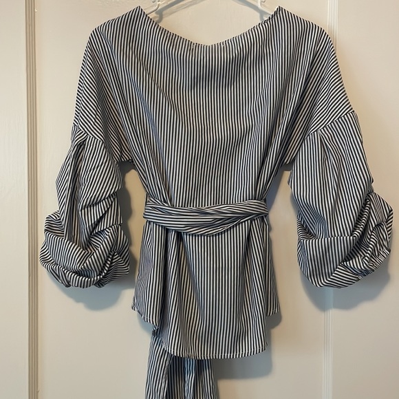 Blue and white striped blouse with waist-tie - Picture 3 of 4